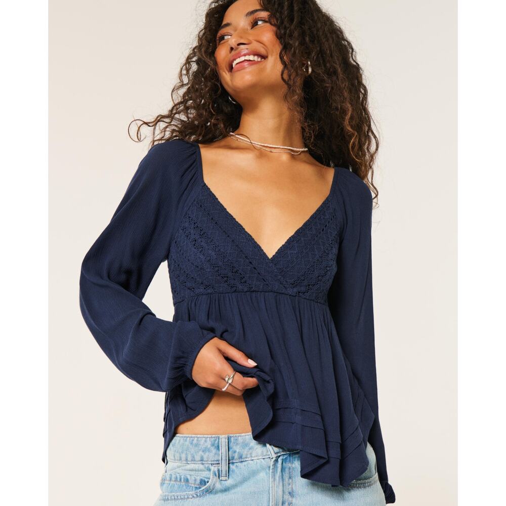 Hollister Easy Lace Bust Babydoll Long Sleeve Top XS Navy